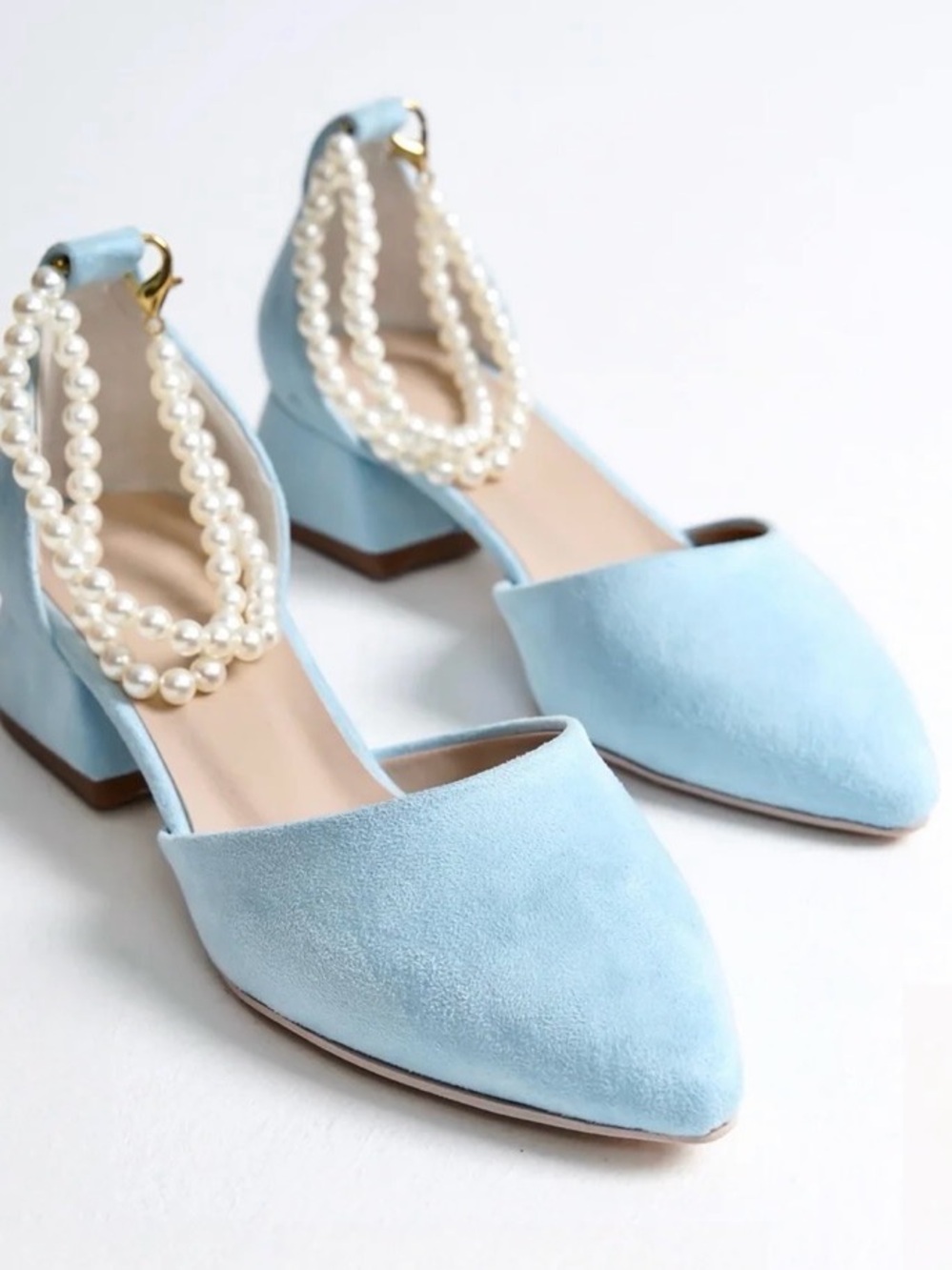 Eleanor Louise Aurora Baby Blue Suede Low Heels with Pearls Size 41